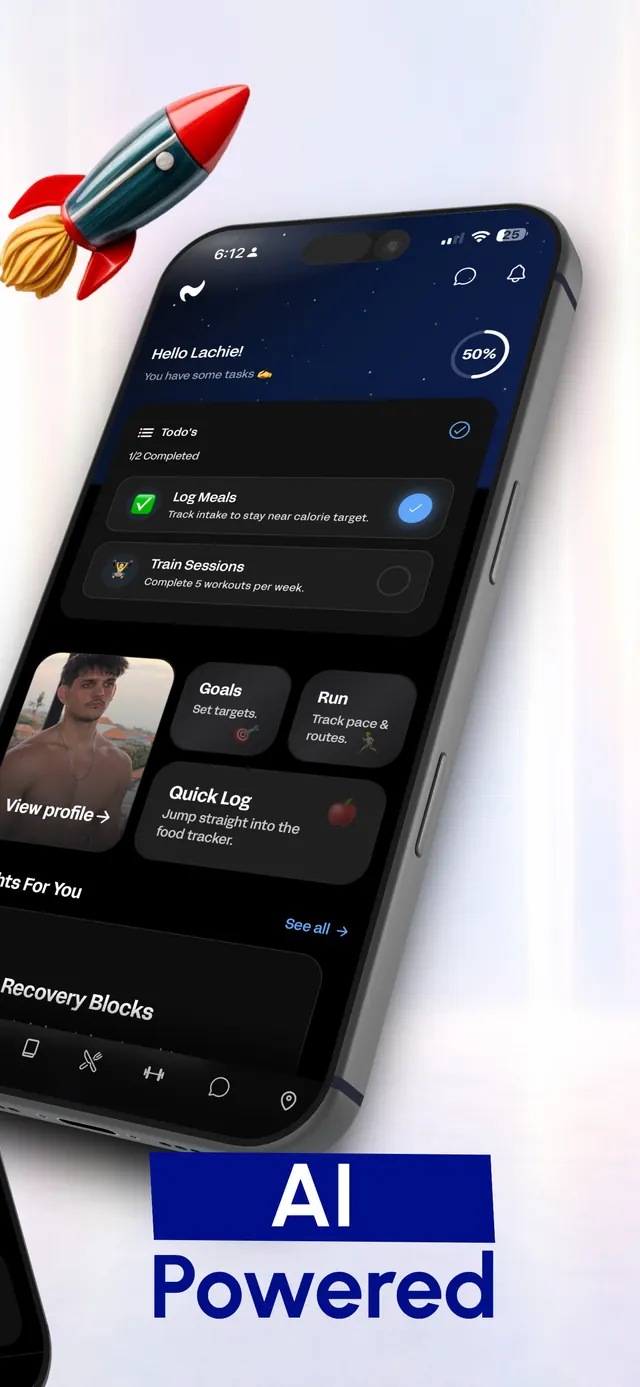 Client home screen with the day's to-dos, a progress ring at fifty percent, and shortcuts to goals, runs and the food tracker.