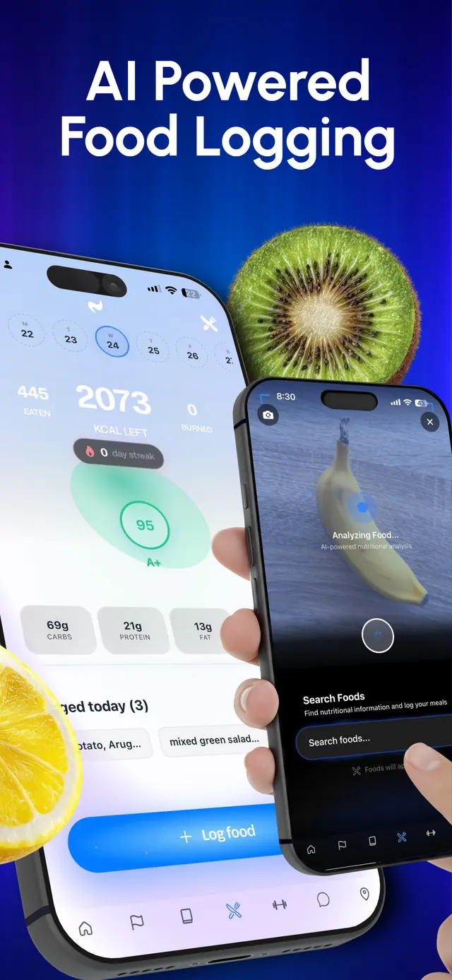Food logging: a daily calorie and macro summary next to the camera analysing a banana for its nutrition.