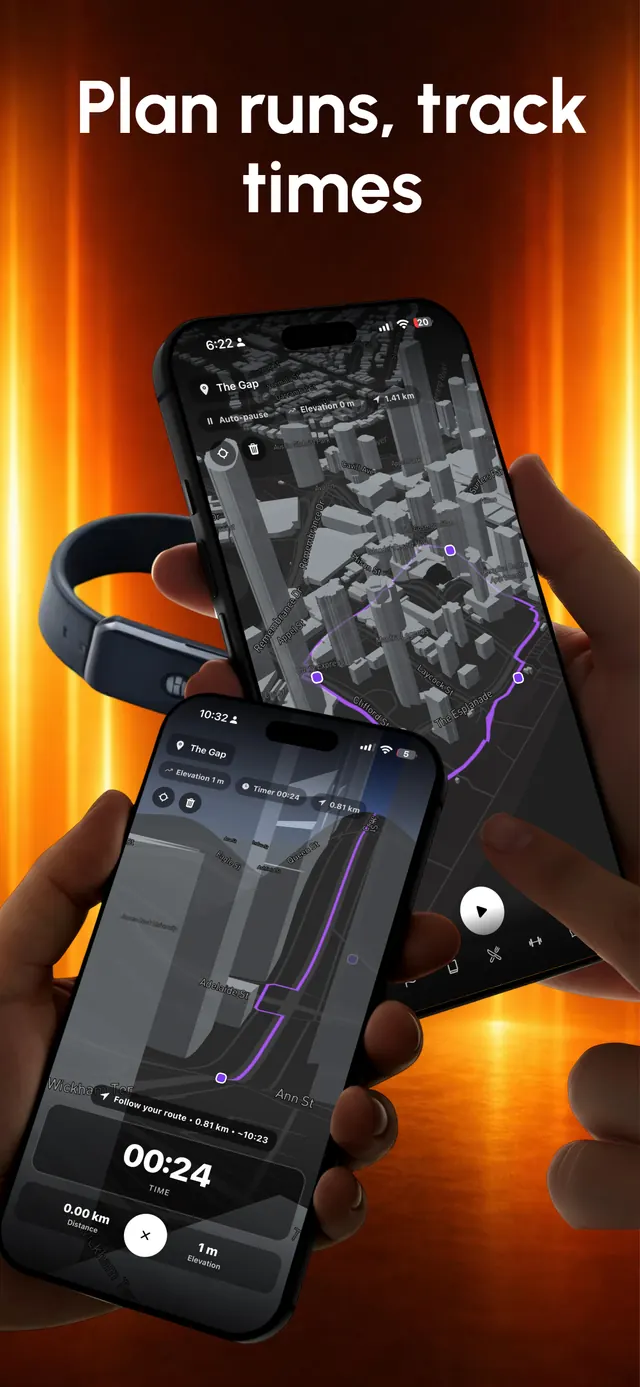 Run planning on a three-dimensional city map with a plotted route, alongside live tracking showing time, distance and elevation.