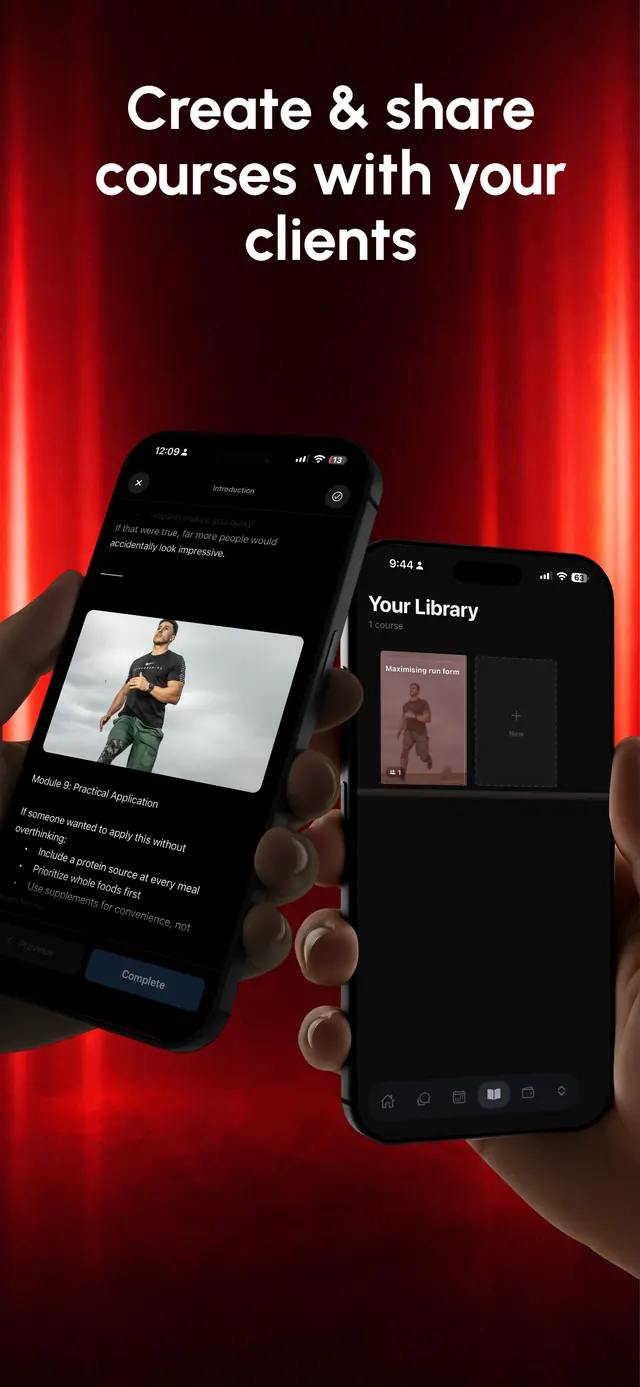 A course lesson open on one phone with its module content, and the client's course library on another.