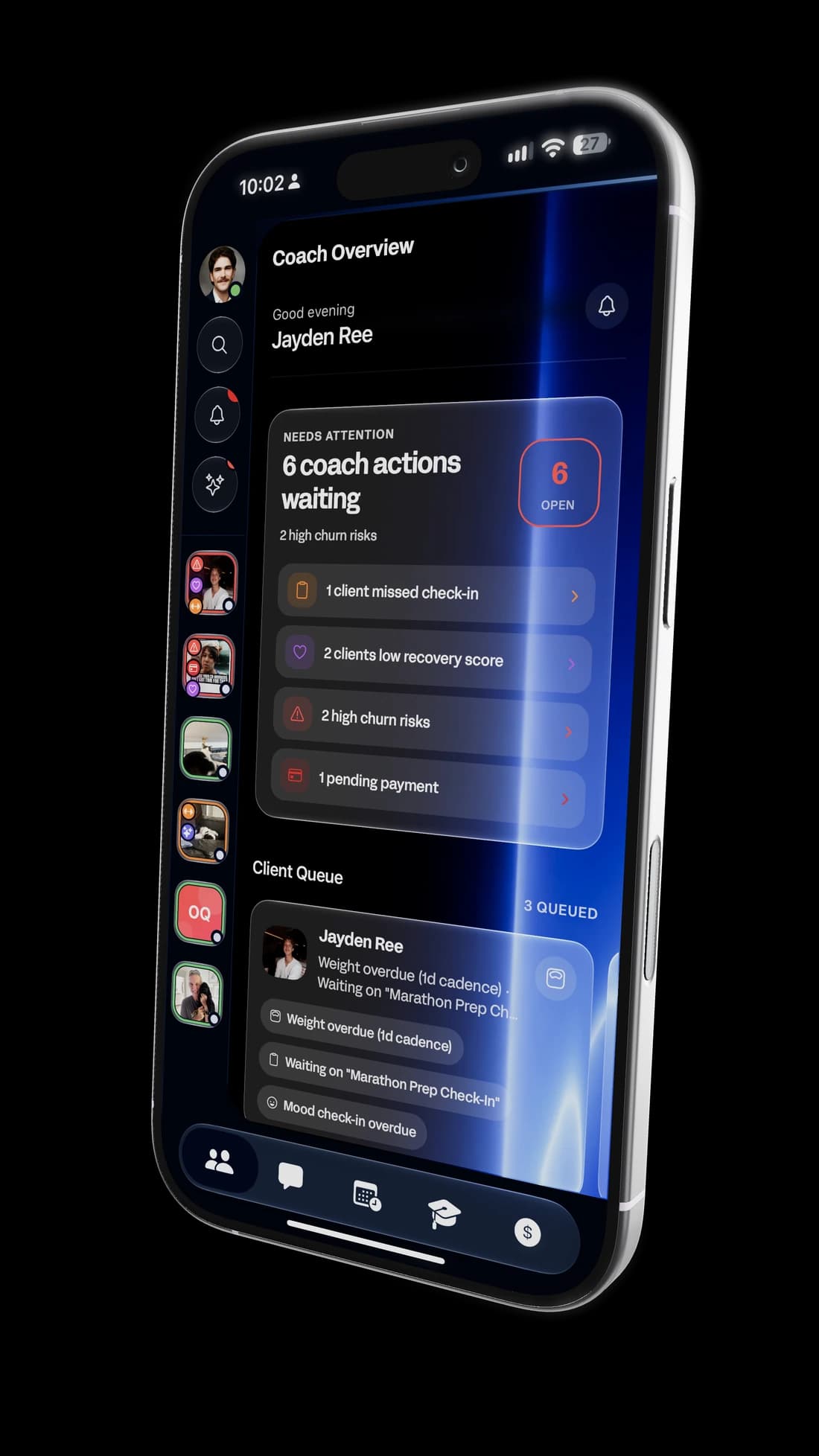 Notch coach overview on a phone, showing the actions waiting and the client queue.