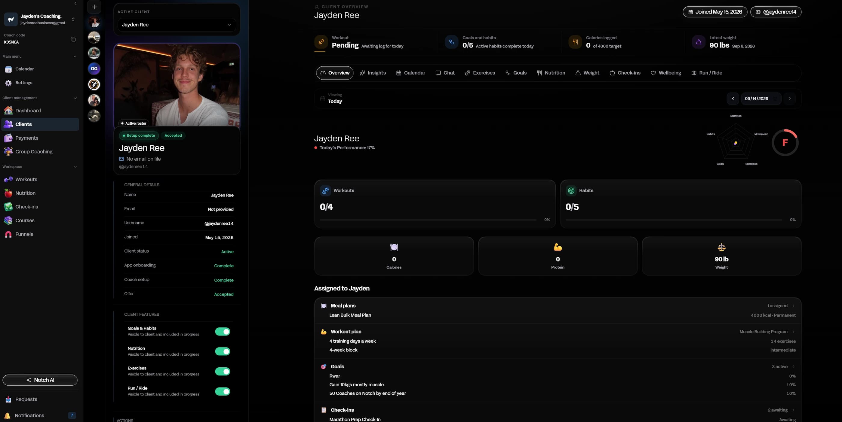Notch web dashboard with a client overview, roster, and assigned plans.