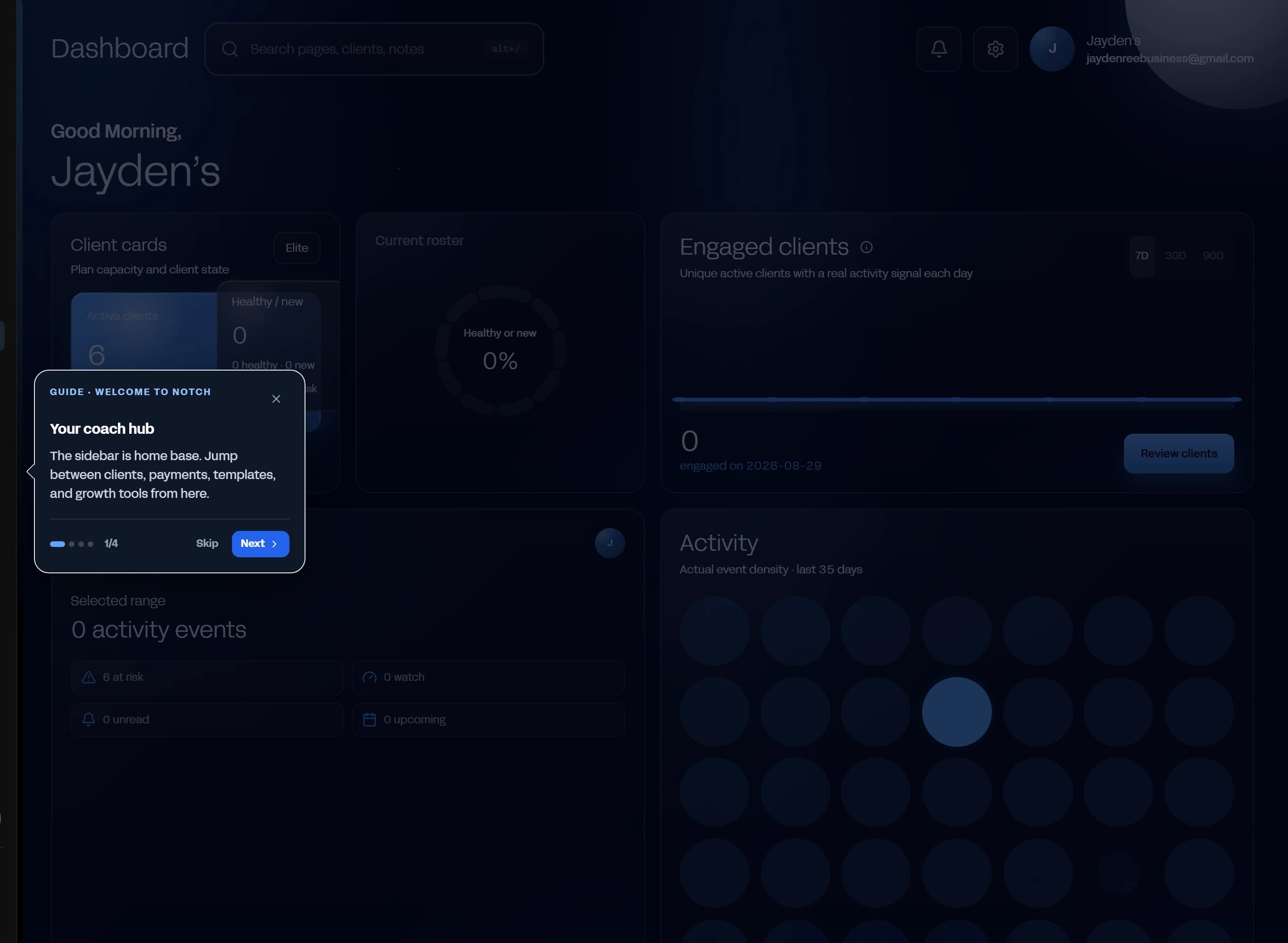 The coach dashboard in Notch