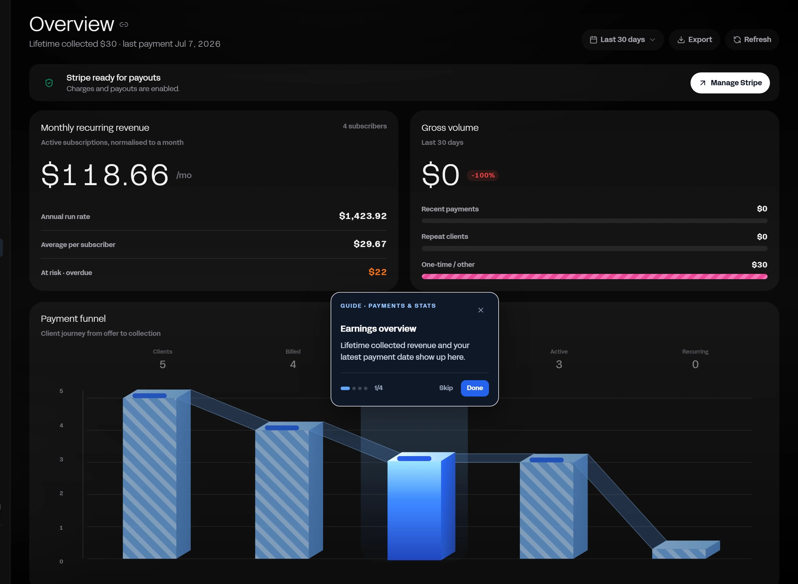 The payments dashboard in Notch