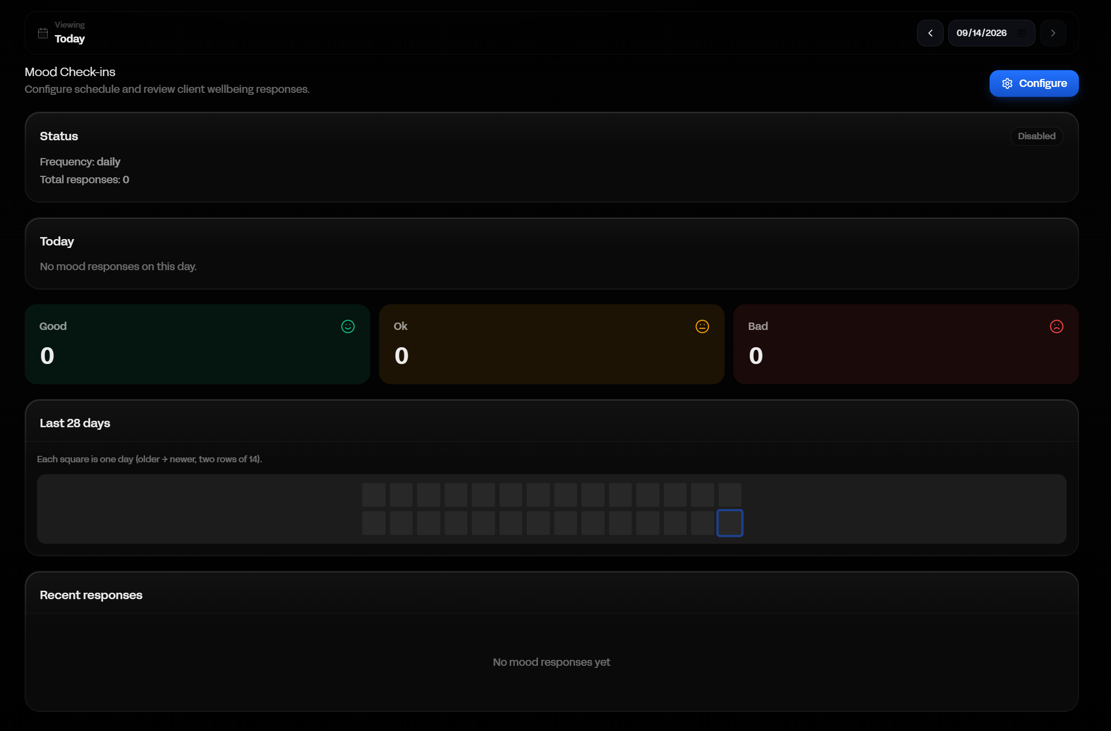 Notch mood check-ins with daily status, 28-day grid and recent responses.